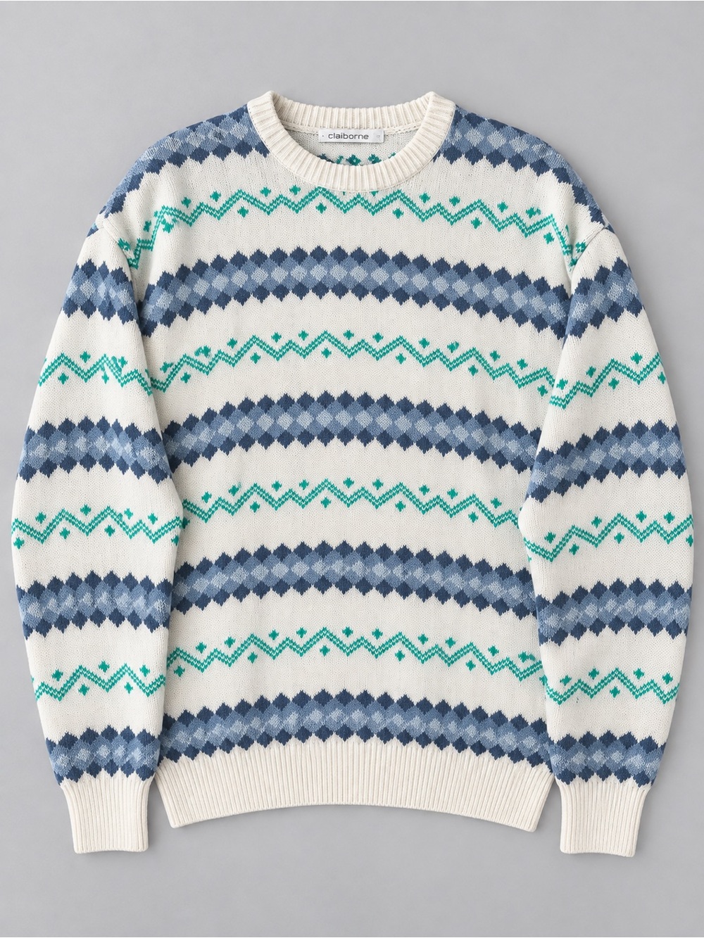 Vintage 90s Claiborne Chunky Cotton Knit Sweater Fair Isle Stripes